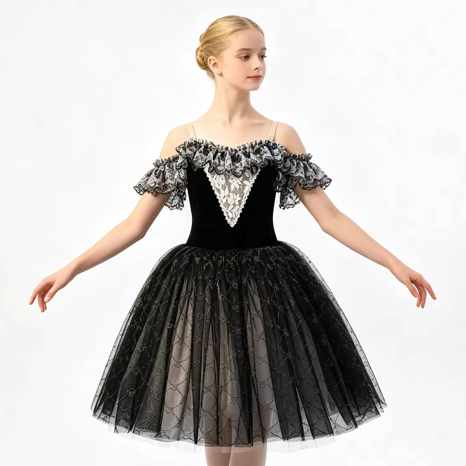 girls-tutu-ballet-dress-off-shoulder-ruffle-black-white-lace-velvet-bodice-glitter-tulle-tutu-skirt-kids-stage-performance-skirt