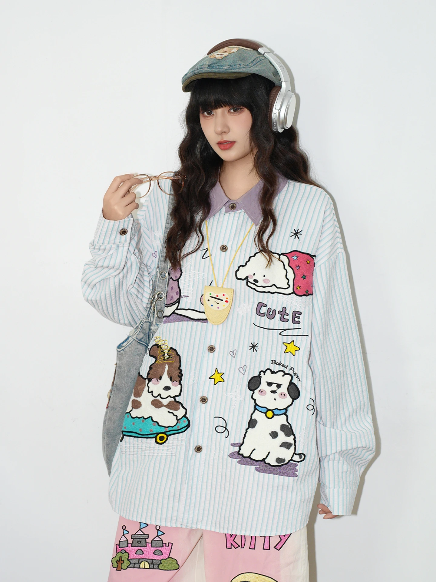 Casual Style Long Sleeve Embroidered Dog Pattern Striped Loose Fit Women's Shirt Breathable Cotton Polyester Blend Daily Wear