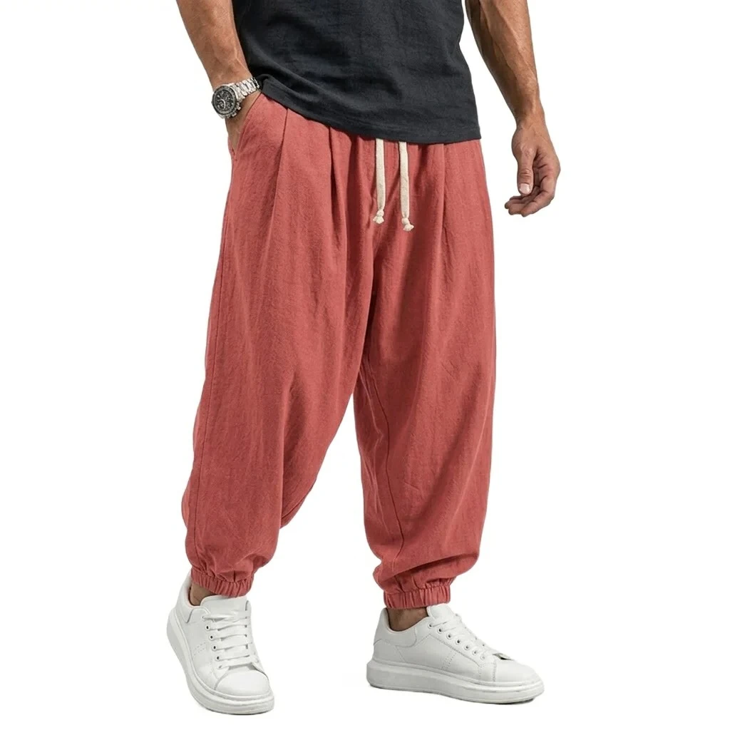 Koreanische Leinen-Baumwoll-Hose für Herren, Gym-Hose, Lässige Arbeitshose, Frühlings-Haremshose, Herbst-Kordelzug-Hose, Lockere Streetwear für Männer
