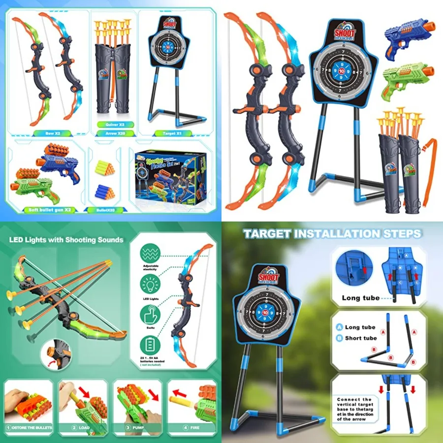 

2 Bow and Arrow Sets with LED Light-up, 2 Foam Dart Guns for 5 6 7 8 9 10+ Years Old, Archery Set with Standing Target for Boys