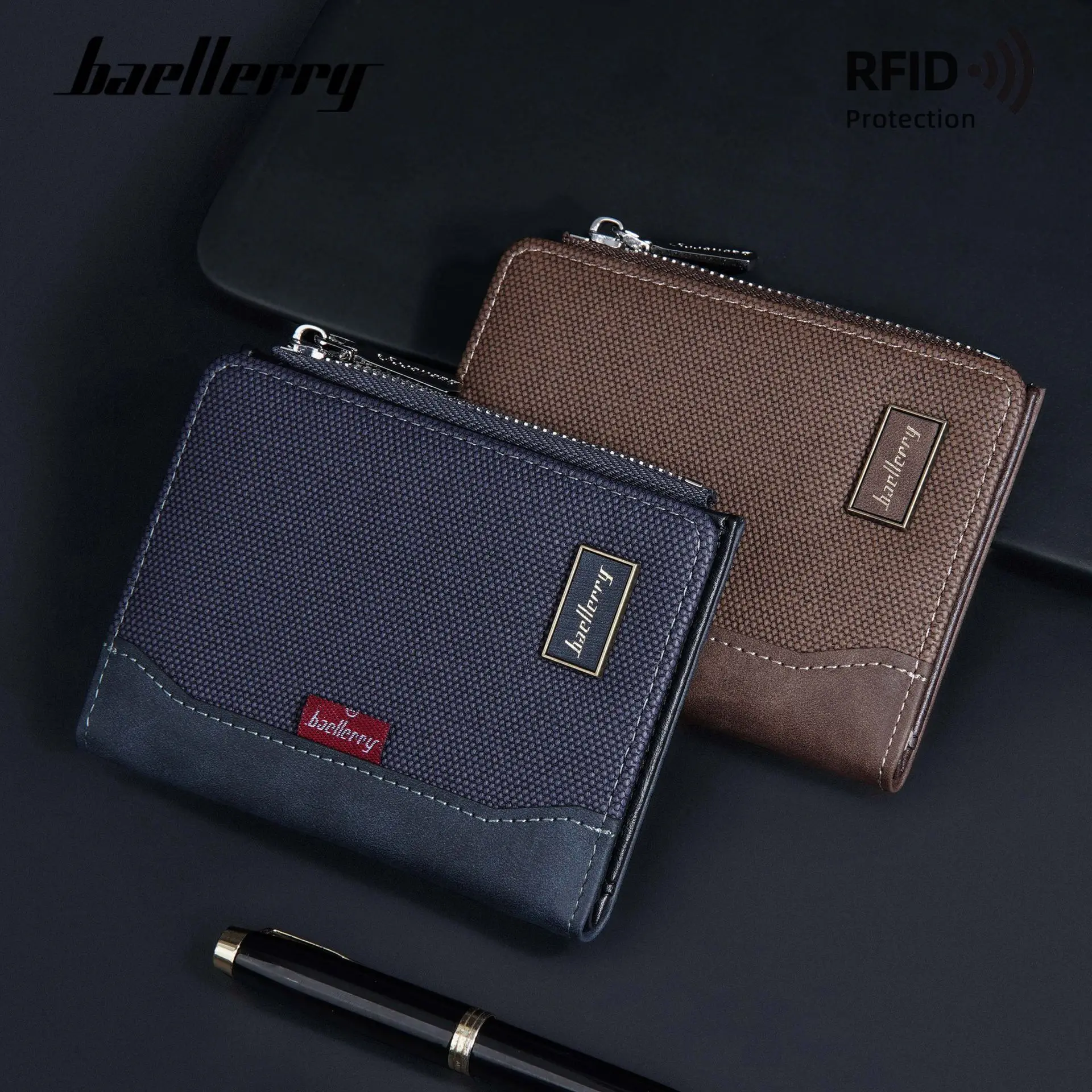 Baellerry Luxury Brand RFID Simple Men's Zipper Wallets Card Holder Male Wallet Photo Holder Coin Pocket Purses for Men