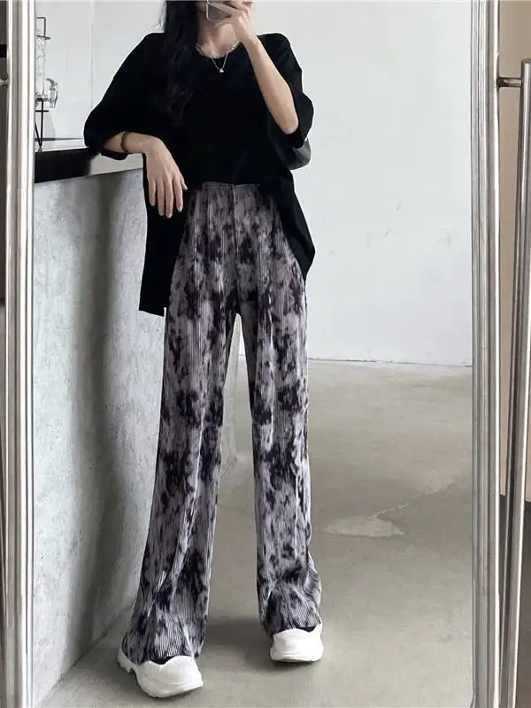 

Брюки женские модные с высокой талией, широкие, плиссированные, с эффектом тай-дай, свободного кроя, прямые, в пол, для повседневной носки