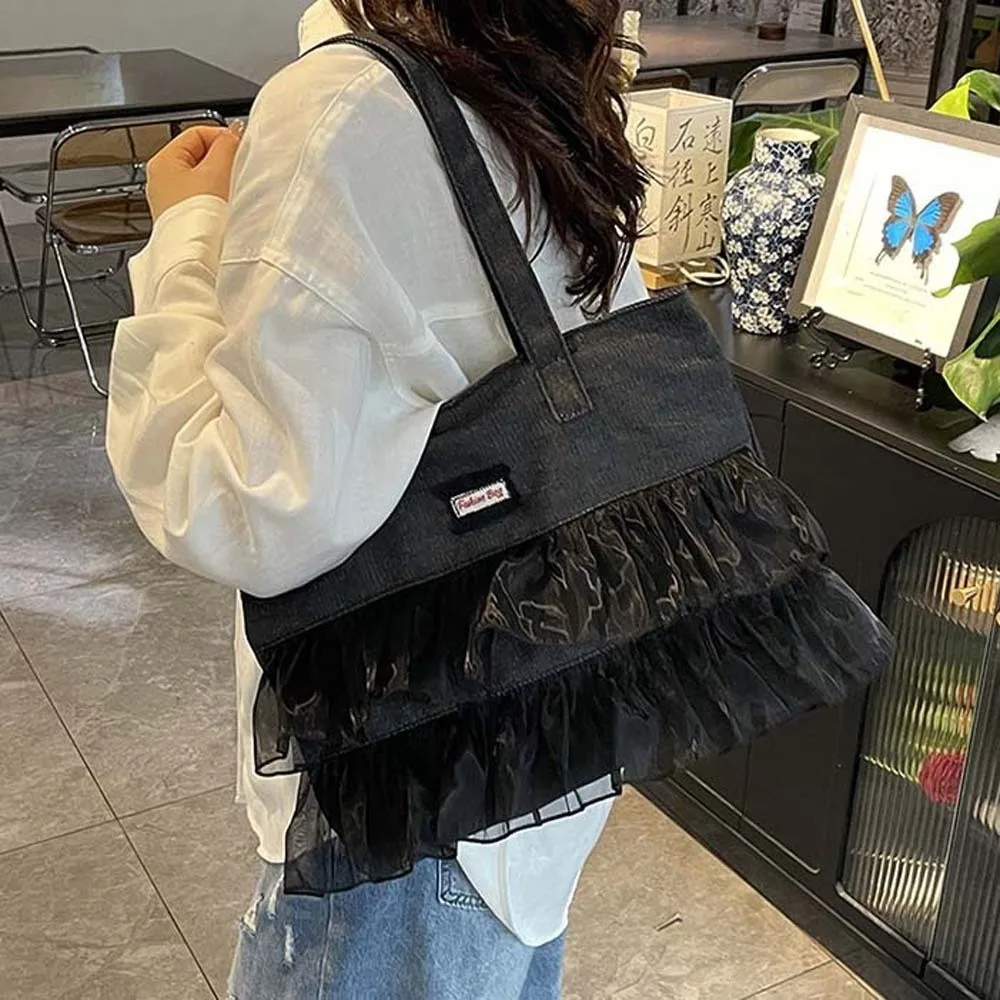 

Portable Denim Blue Tote Bag Korean Style Large Capacity Denim Lace Handbag Polyester Magnetic Button Commuting Shoulder Pouch