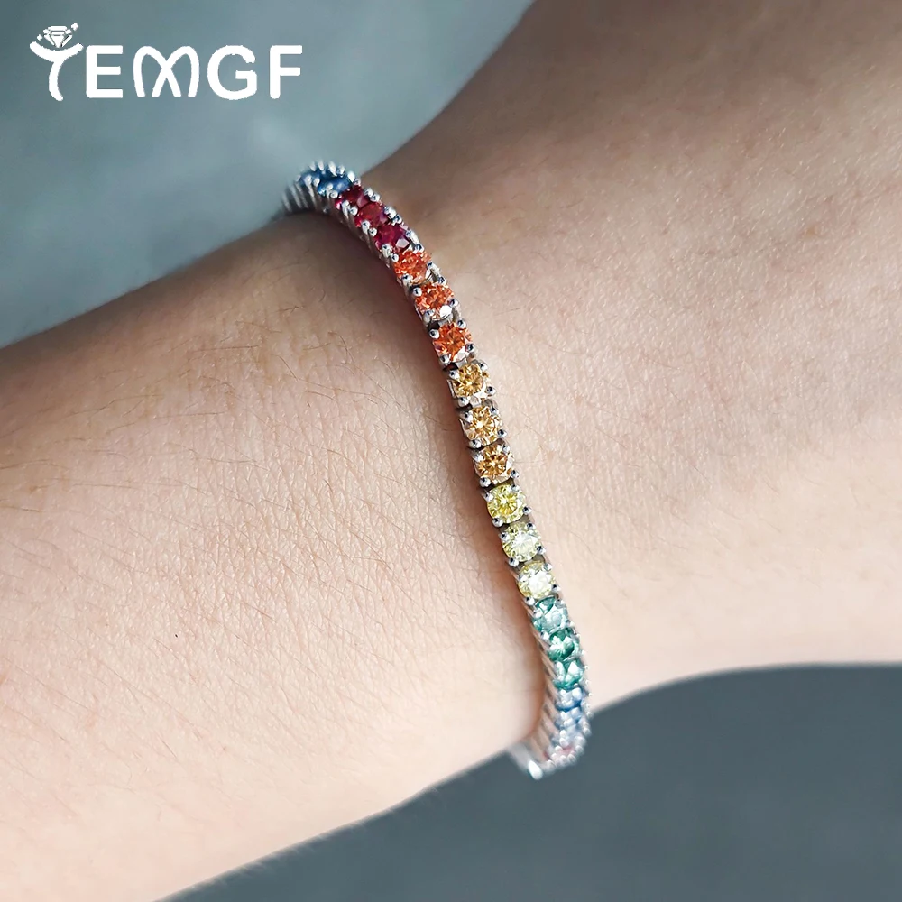 

TEMGF 3mm/4mm/5mm Rainbow Color Moissanite Bracelet 925 Sterling Silver Tennis Chain for Women Sparkling Luxury Fine Jewelry GRA