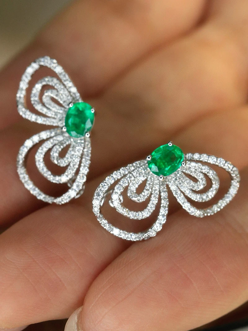 LUOWEND 100% 18K White Gold Earrings Luxury Butterfly Shape Shiny Diamond Natural Emerald Earrings for Women High Party Jewelry