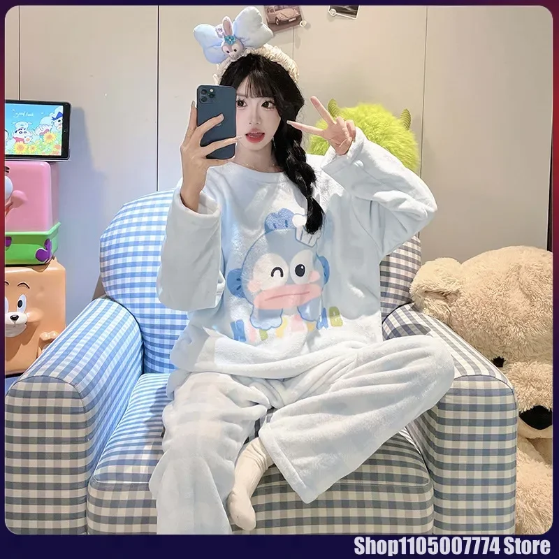 

Kawaii Hangyodon Kitty Flannel Pajama Set Cute Cartoon Autumn Winter Sleepwear Home Clothes 2 Piece For Girls Women Gifts
