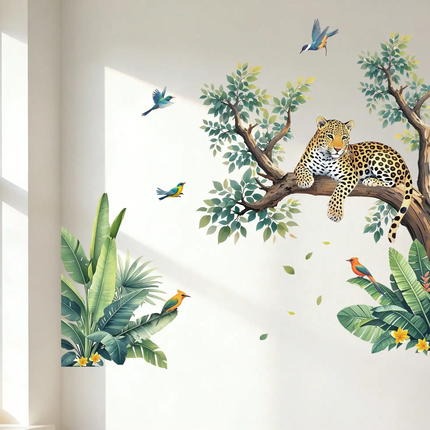 Jungle Leopard Tropical Plant Wall stickers Watercolor Wind Leopard Flying Bird Children's Room/Door Wall Decoration Self-Adhesi