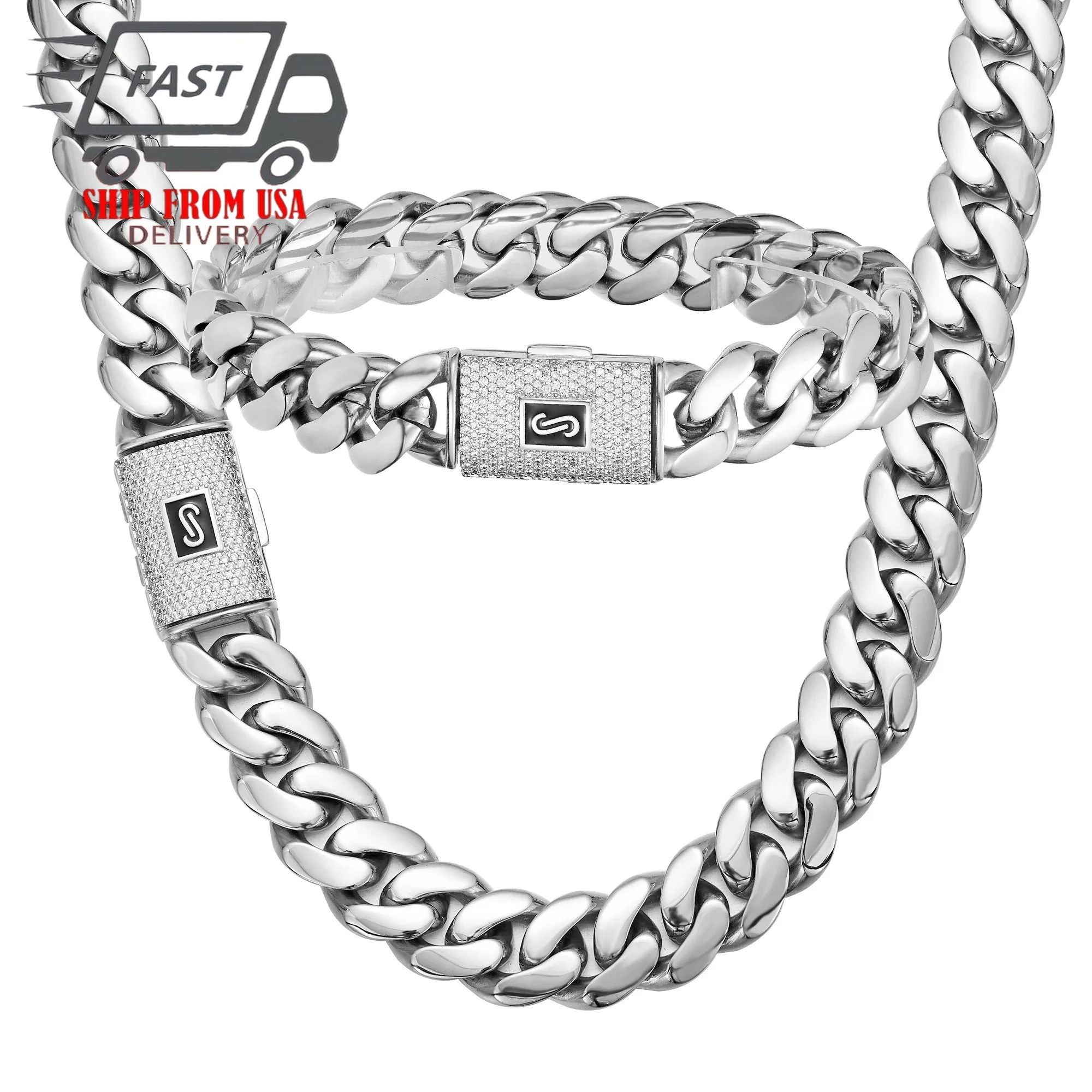 

1pc Hip Hop Bling Iced Out Stainless Steel Spring Buckle Cuban Miami Link Chain Necklaces for Men Rapper Jewelry Silver Color