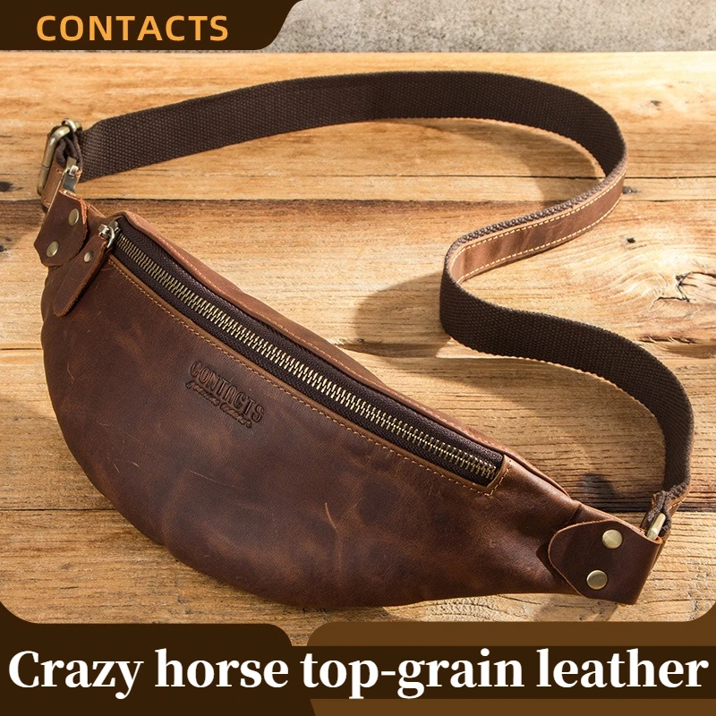 Cowhide Leather Waist Bag Crazy Horse Fanny Pack Travel Belt Bag Crossbody Chest Sling Pouch Large Capacity with Zipper Pocket