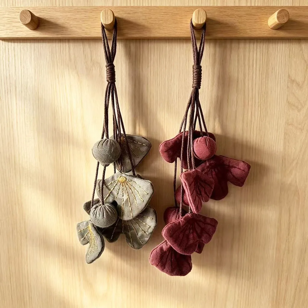 Fabric Bag Pendant Layered Embroidered Leaf Bag Charm Ginkgo Leaf Bag Charm Vintage Red Tie-Dye Fabric Pendant For Handbags