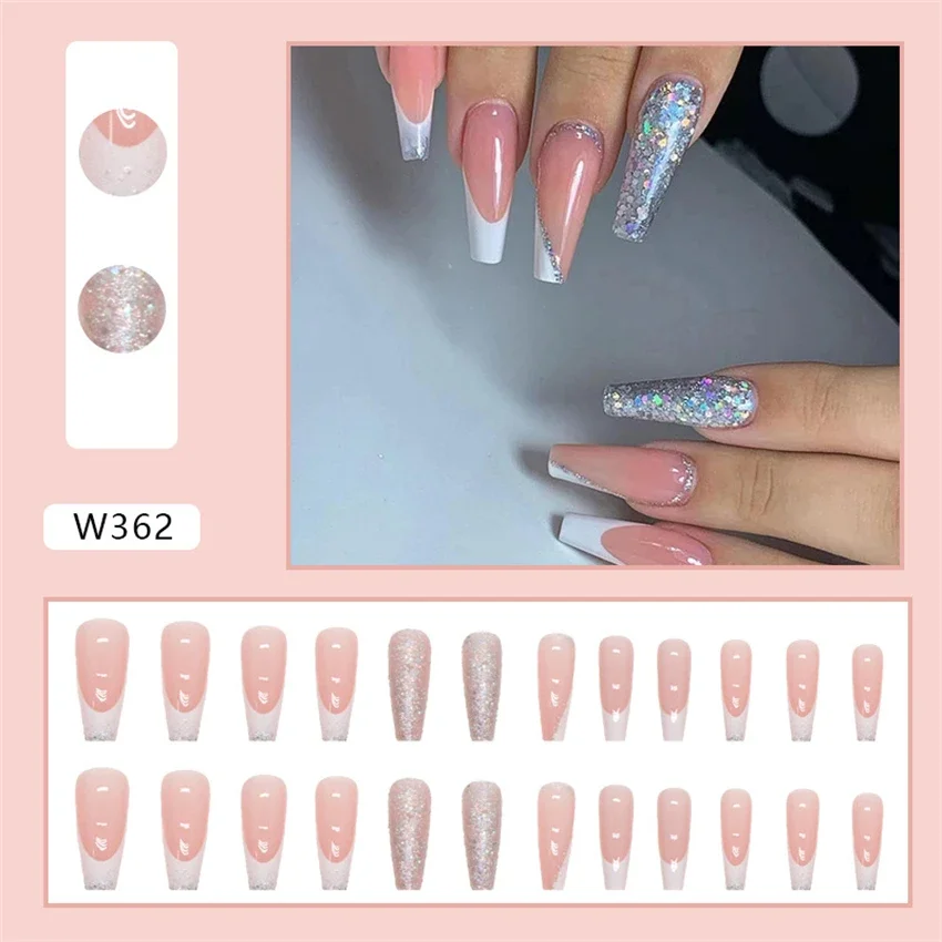 

24Pcs/Set Long Ballet Burst Flash Wearing False Nails Simple White Sweet French Fake Nail Tips Removable Fashion Press on Nail