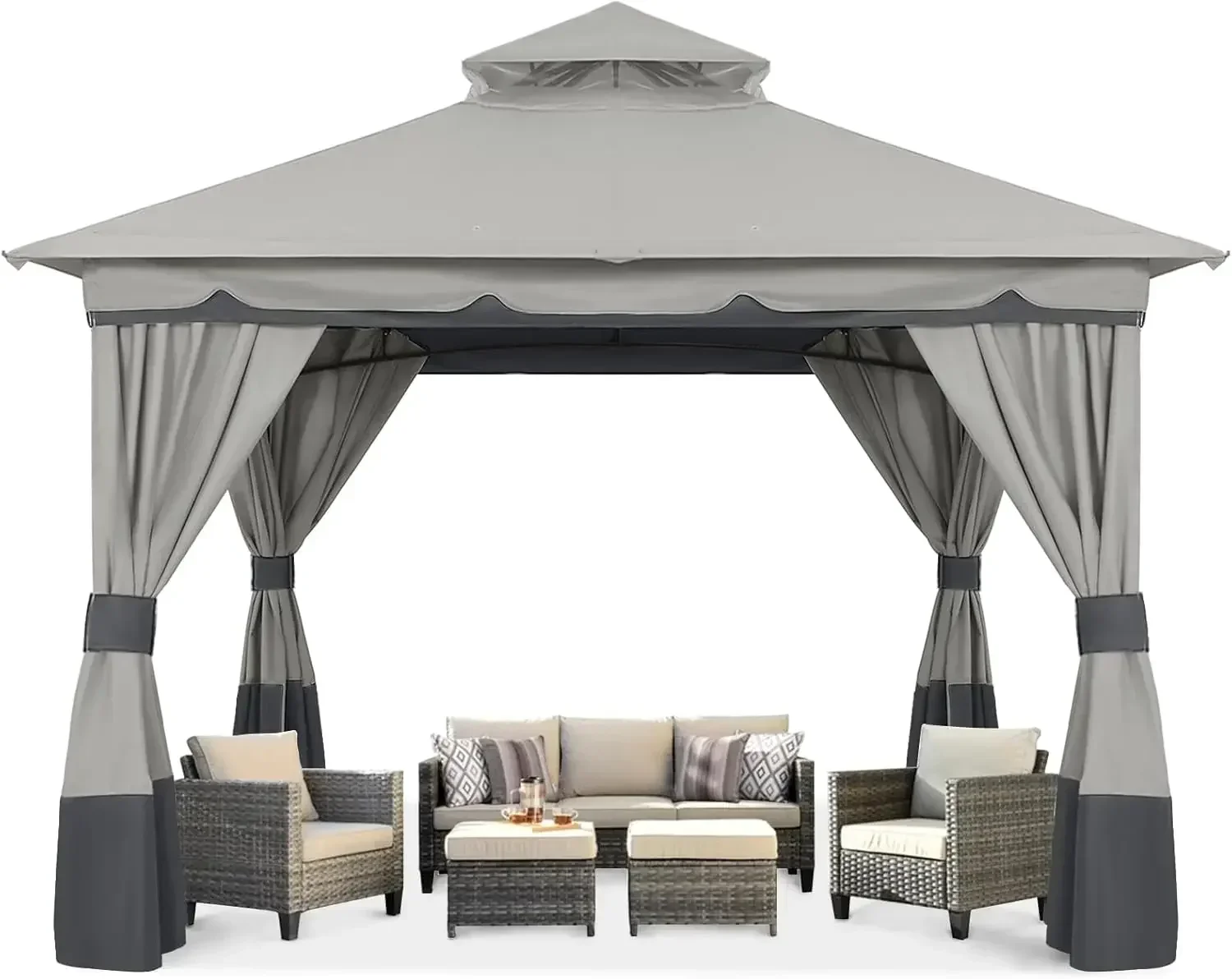 10'x10' Outdoor Gazebo, Double Roof Patio Gazebo with Shade Curtains, Light Gray