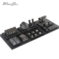 Black Leather Ring Earrings Pendant Necklace Jewelry Display Stand Showcase Holder Bangle Bracelet Chain Organizer with Base Pad