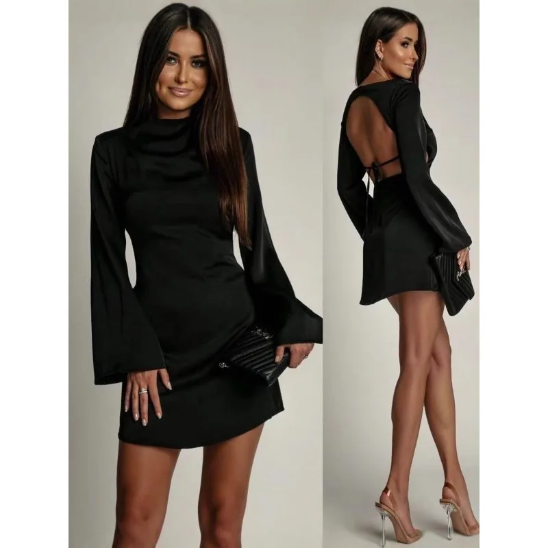 秋の女性用サテンパーティードレス、セクシーなロングフレアスリーブ、コルセットバックレス、カクテルゲスト用Aラインミニドレス、社交界のガウン