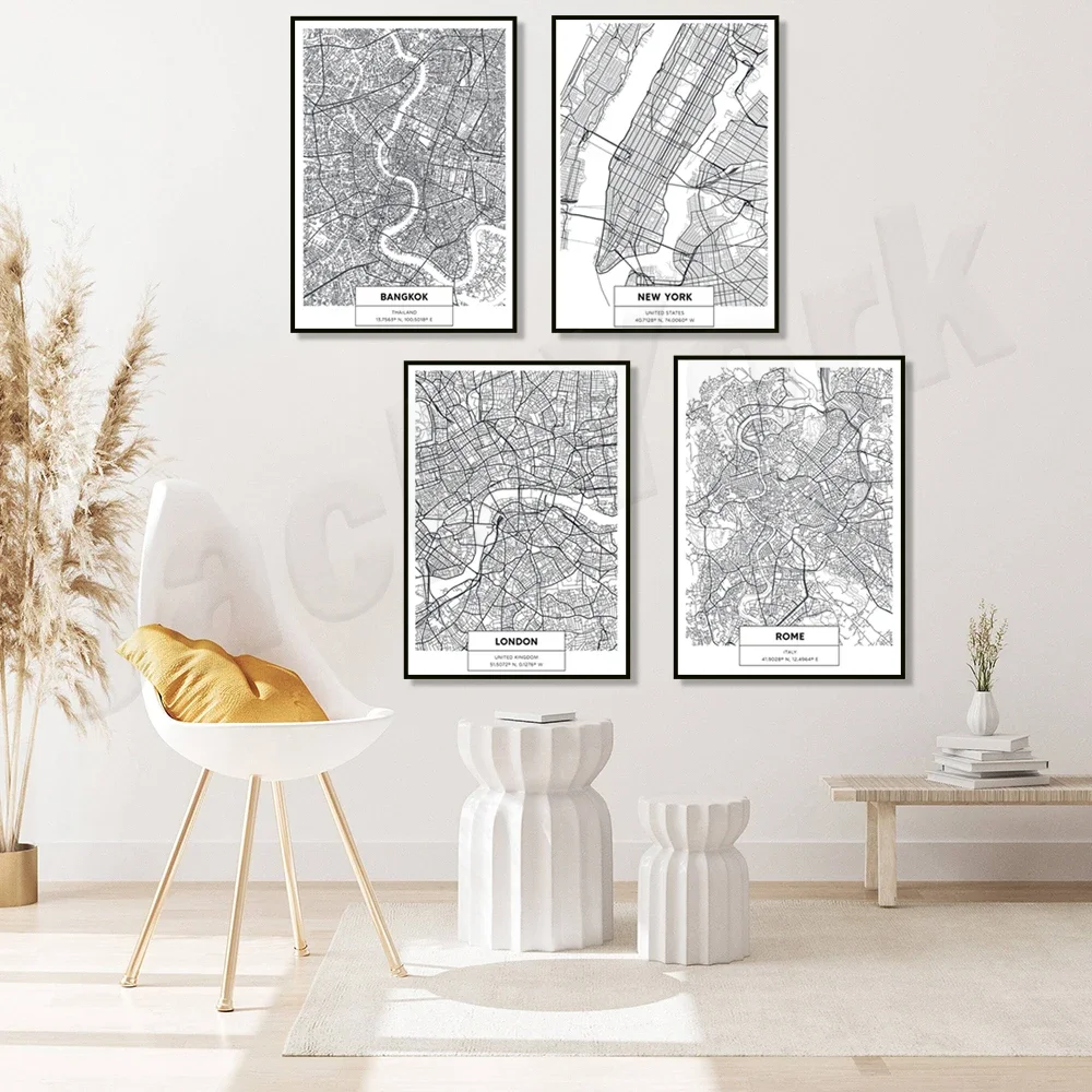 United Kingdom, London streets, Rome Italy, Europe, New York, USA, Bangkok, Thailand, Asia black and white map art travel poster