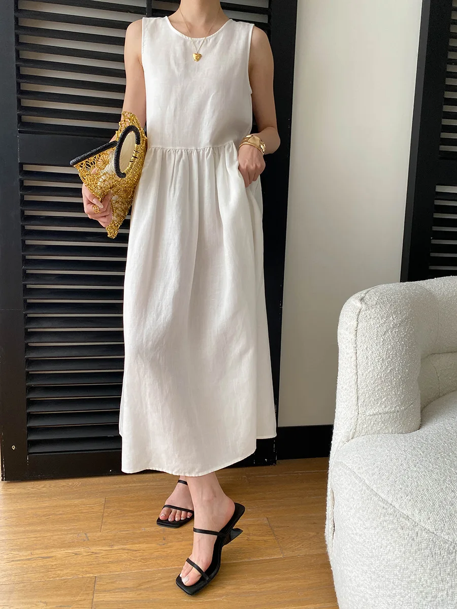 Sommerliches, lässiges, einfarbiges, ärmelloses Patchwork-Kleid mit Rundhalsausschnitt für Damen – Detail 5