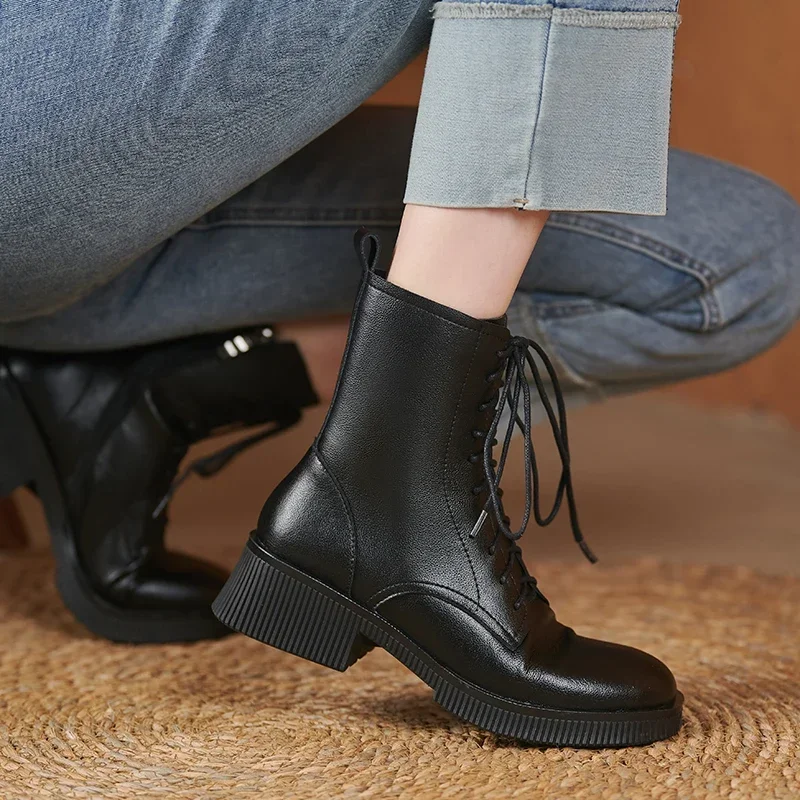 JOZHAMTA Size 34-43 Women Ankle Boots Real Leather Lace-Up Platform Thick Heels Shoes Fall Winter 2025 Short Booties Office Lady