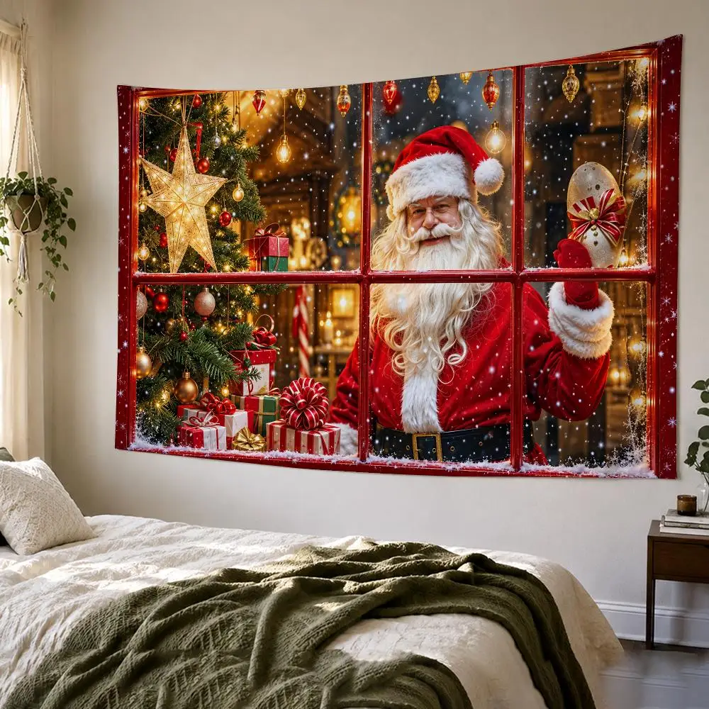 Santa Claus Gifts By Window Nowy Tapestry Bedroom Living Room Bar Party House Home Dorm Interior Wall Decor Background Banner