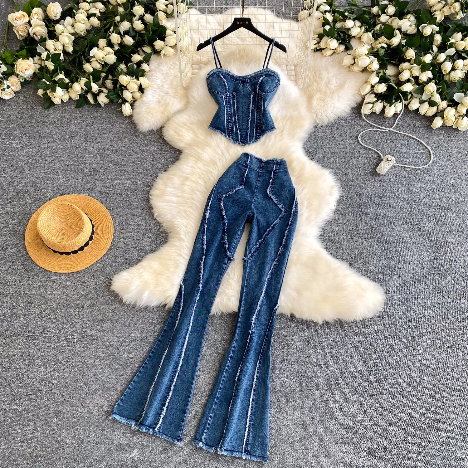 

Two Pieces Women Pant Set Denim Matching Set Solid Camisole Sleeveless Top Zipper Fly Empire Waist Full Length Pants 2026 Summer
