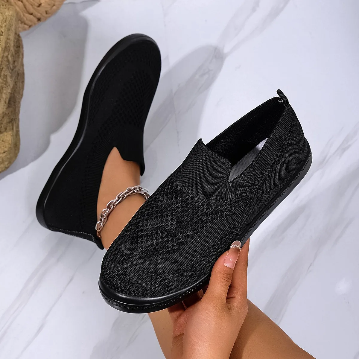حجم كبير الترفيه الشقق 2025 صيف جديد لينة أسفل أحذية فلكنيز عادية شبكة جوفاء الانزلاق على الصلبة حذاء واحد مسطح #3