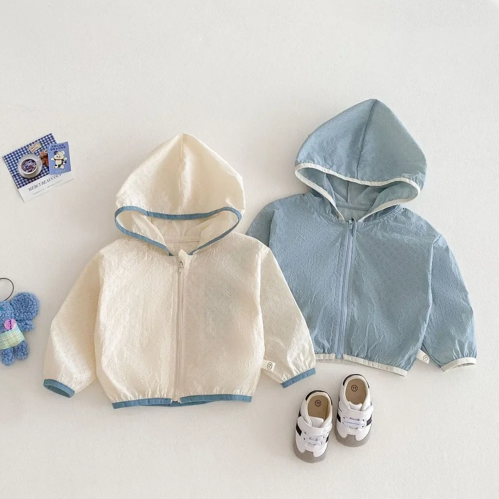 Boy Girl Solid Color Long Sleeve Zipper Hooded Sunscreen Shirt Thin Coat Outfits Clothes 2025 Summer Jacket 0-5Years Children
