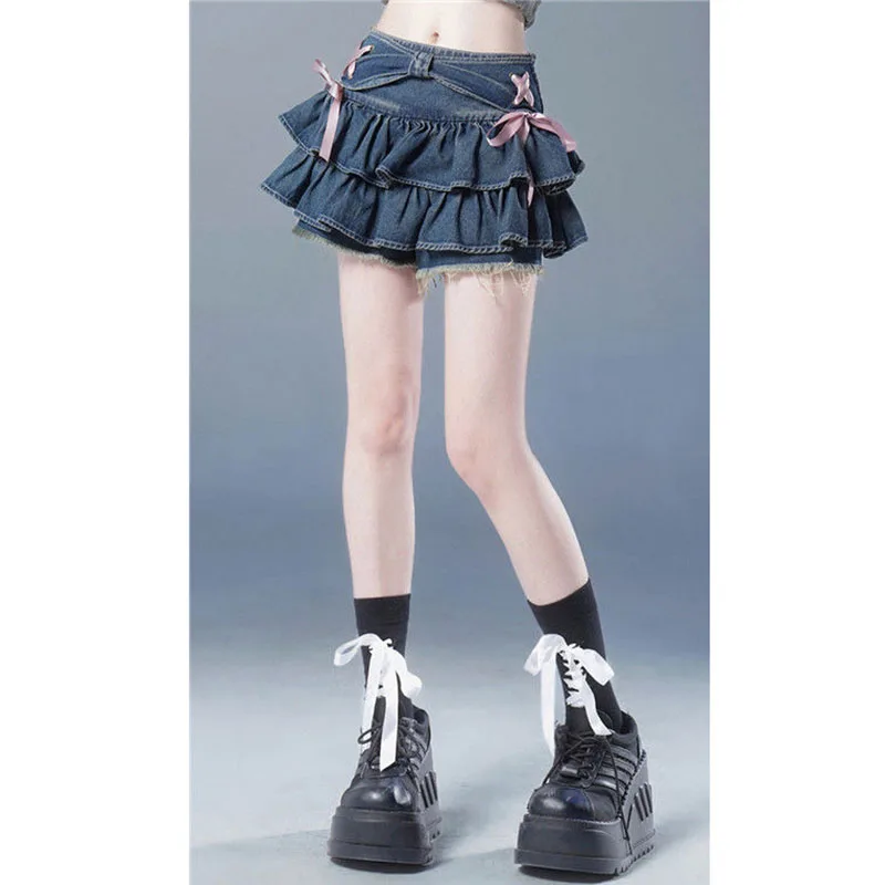 Women Short Skirt Bow Tie Strap Design High Waist Slimming Summer New Style Pleated Skirts Fashion Daily Fresh Sweet Skirt