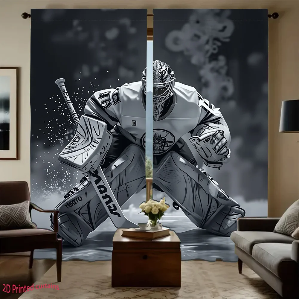 Cool Hockey Goalie Blackout Rod Pocket Curtain Monochrome Ice Sports Player Gear Splash Smoke Print Teen Living Bedroom Window