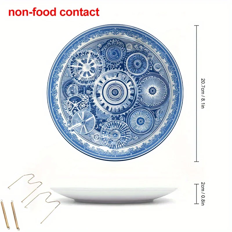 1pc 8-Inch Blue Vintage Gear Pattern Round Ceramic Wall Hanging Plate - Intricate Floral Design, Non-Food Contact, Ideal for