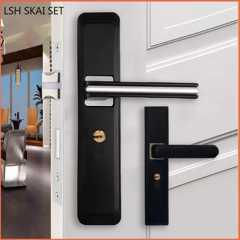 Modern Black Bedroom Door Lock Aluminum Alloy Door Handle Lockset Bathroom Silent Security Lock Household Hardware with The Key