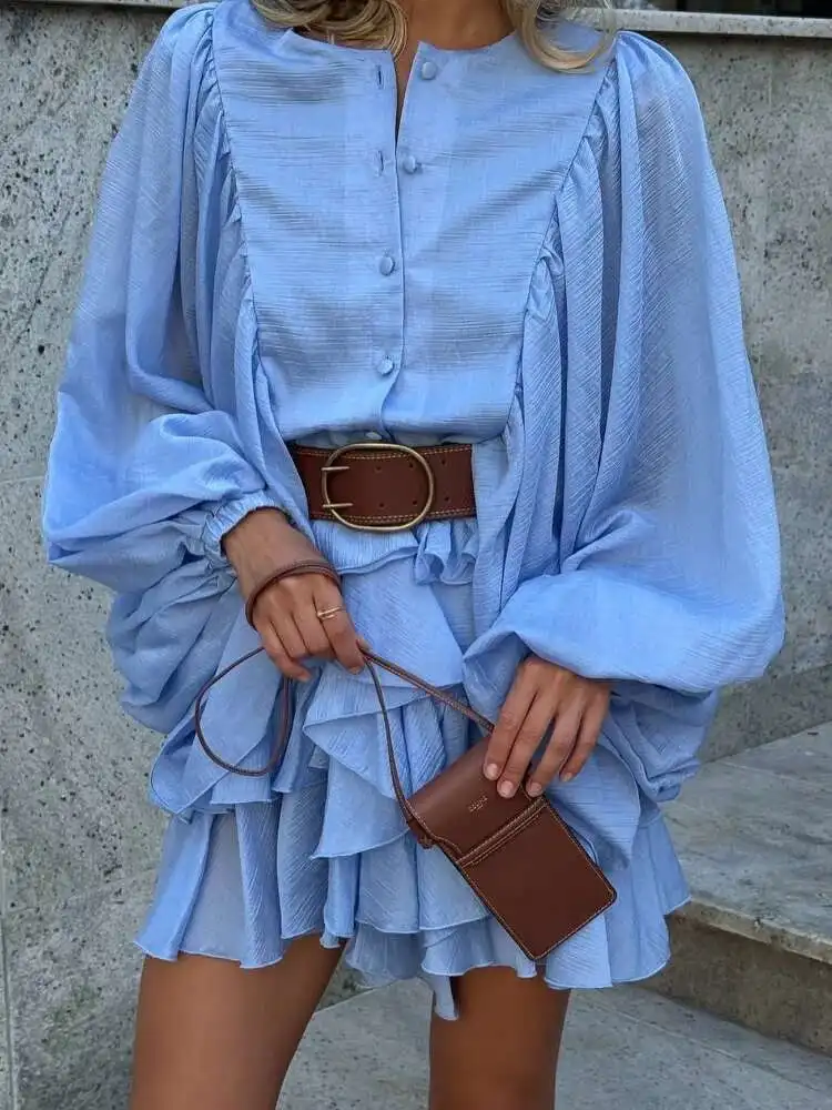 Irregular babados borda botões lanterna manga vestido feminino chique plissado chiffon o pescoço mini vestidos senhora high street vestidos lla8