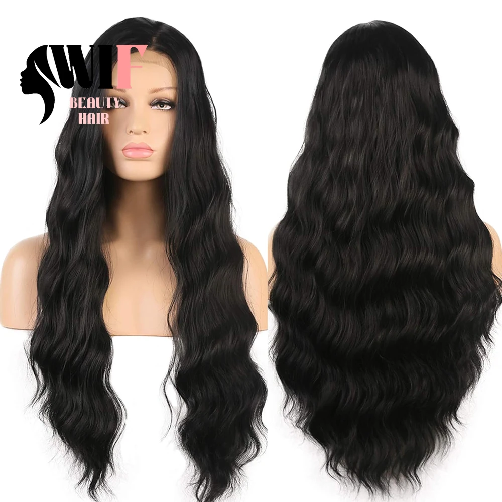 WIF Loose Wavy 1B Black Synthetic Lace Wig Black Hair Natural Hairline Heat Resistant Lace Front Wigs Women Daily Use Makeup