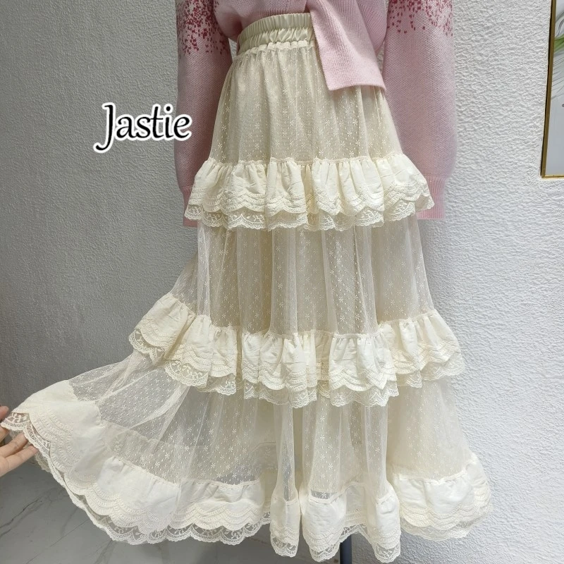 

Jastie 2024 Spring And Summer New French Lotus Leaf Long Women's Skirt Sweet Lace Splice Mesh Cake Skirt Elegant Women's Clothes