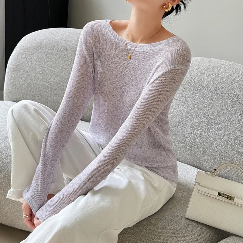 Summer Thin Long Sleeve T Shirts for Women All Match Round Neck Air-conditioned Shirt Woman 2024 Solid Color Casual Tee Tops