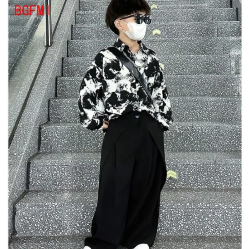 

4-14Y Teenage Boy Shirt Outfit Fashion Kids Spring and Autumn Clothing New Korean Ink Painting Shirt and Wide-leg Suit Pants Set