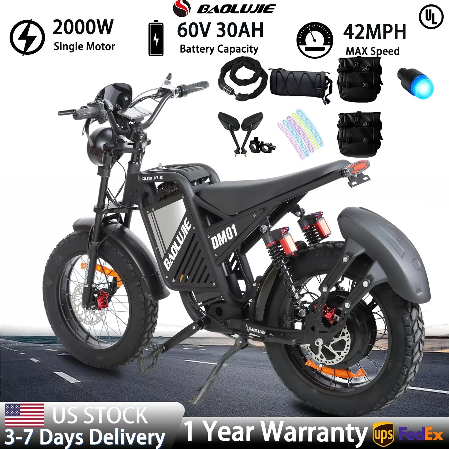 

BAOLUJIE DM01 electric bicycle Moto Electric Bike for Adults 2000W Motor Electric Bike 60V30AH Moto 42MPH EBike【1 Year Warranty】