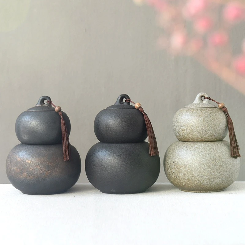 Ceramic gourd tea jar, rough pottery retro small tea jar, box, ordinary  packaging box,  set storage jar