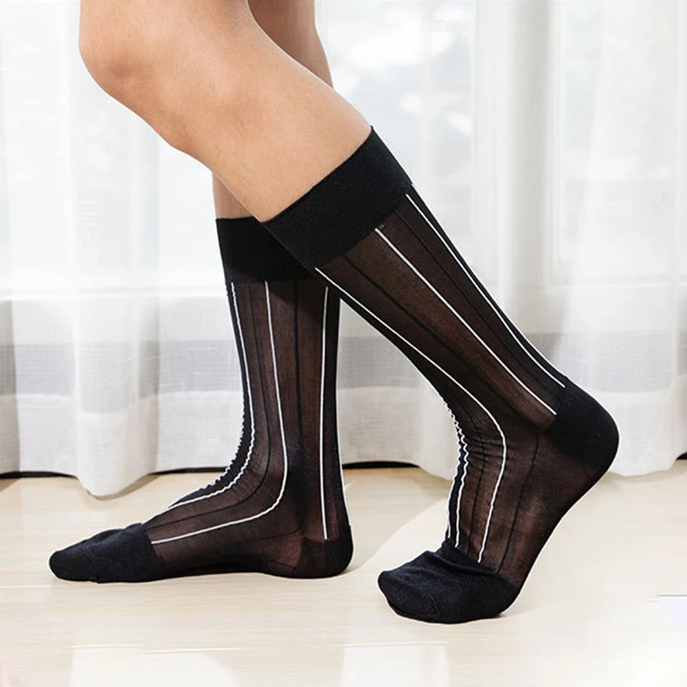 Heiße neue Mode-Socken für Herren, Dessous, durchsichtig, sexy, seidige Strümpfe, Kniestrümpfe, gestreift, atmungsaktiv