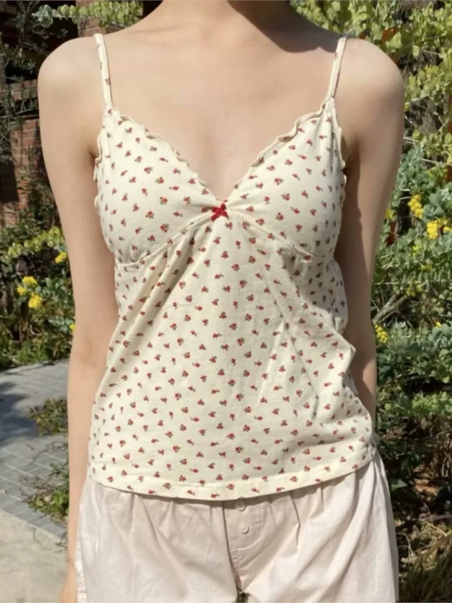 

Rose Floral Fungus Trim Bow Camisole Women Casual Cotton Slim V-neck Tank Tops Girls Cute Sweet Preppy Style Vests Y2K Crop Top