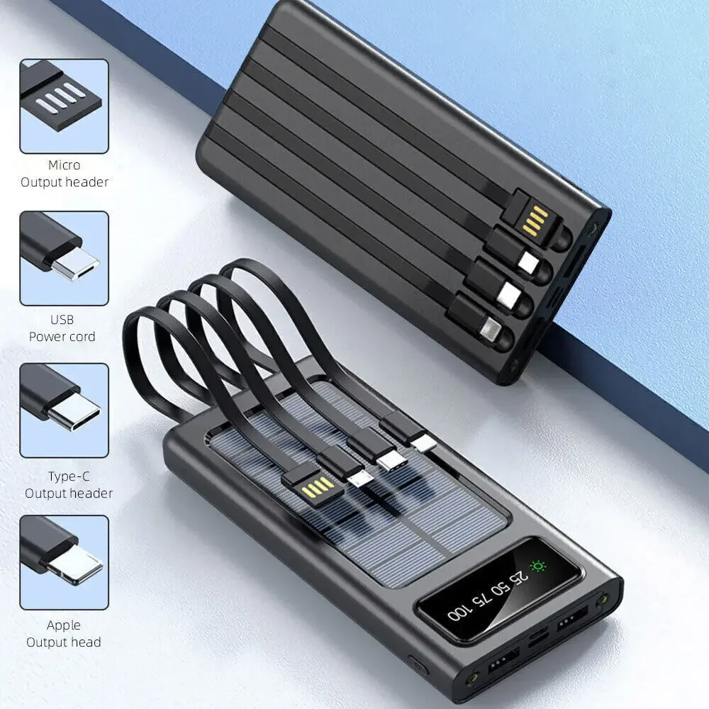 Solar Power Bank 200000mAh Solar batterie Zwei-Wege-Schnell ladung mit großer Kapazität Eingebaute Kabel Power Bank externe Batterie