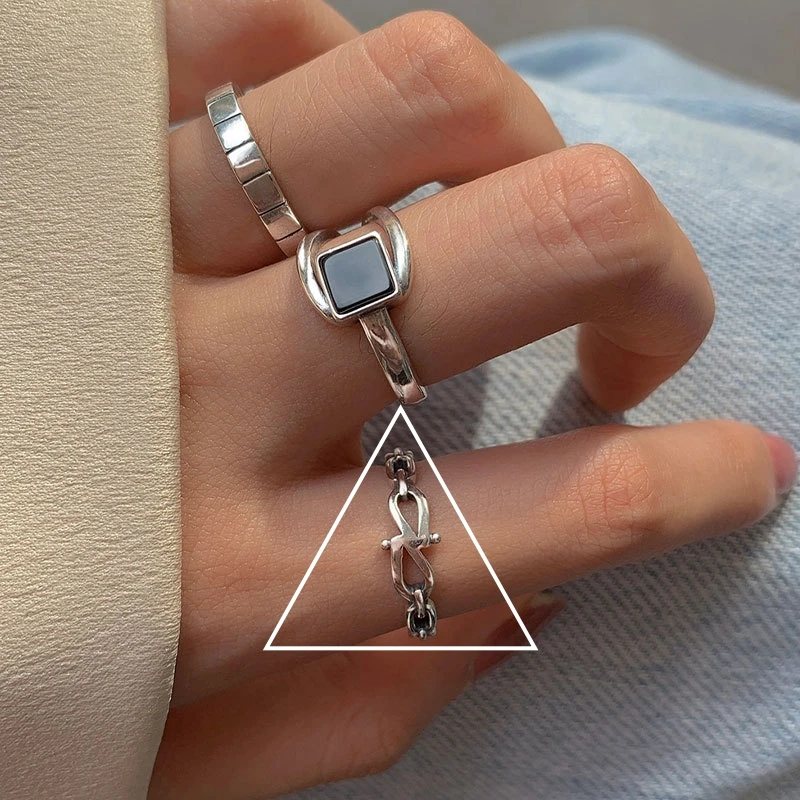 Women's 925 Sterling Silver Adjustable Black Stone Stackable Ring