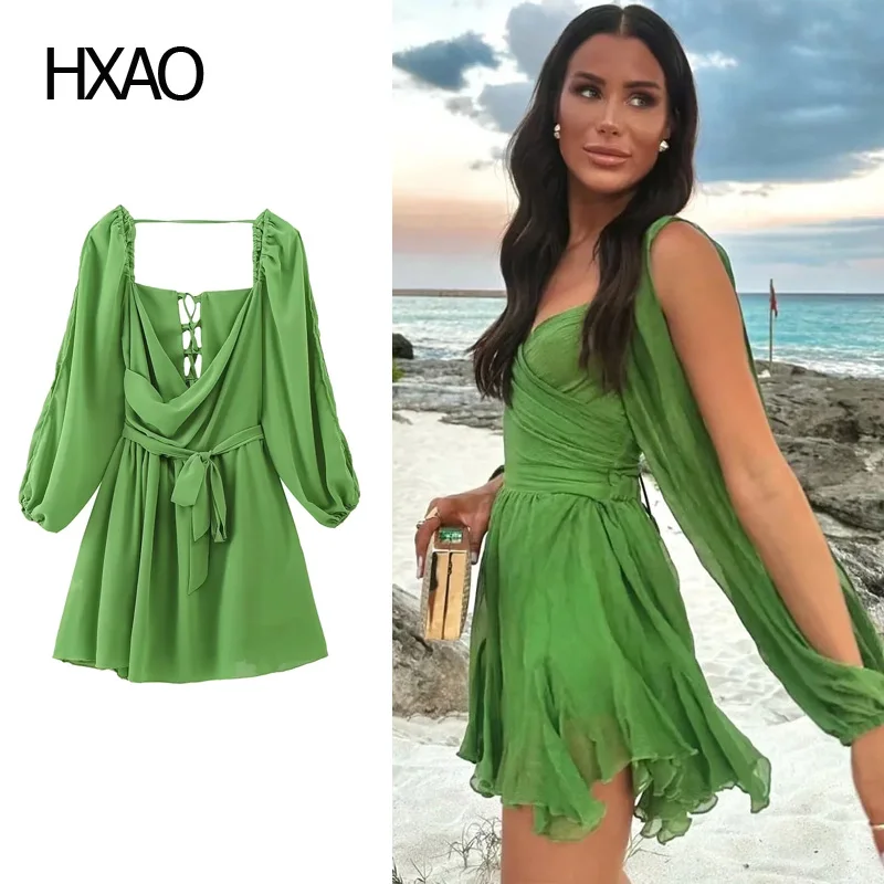 

HXAO 2024 Women's V-neck Lace-up Midi Dresses Summer Woman Flounce Chiffon One-piece Dress With Belt Sexy Beach Dresses Female