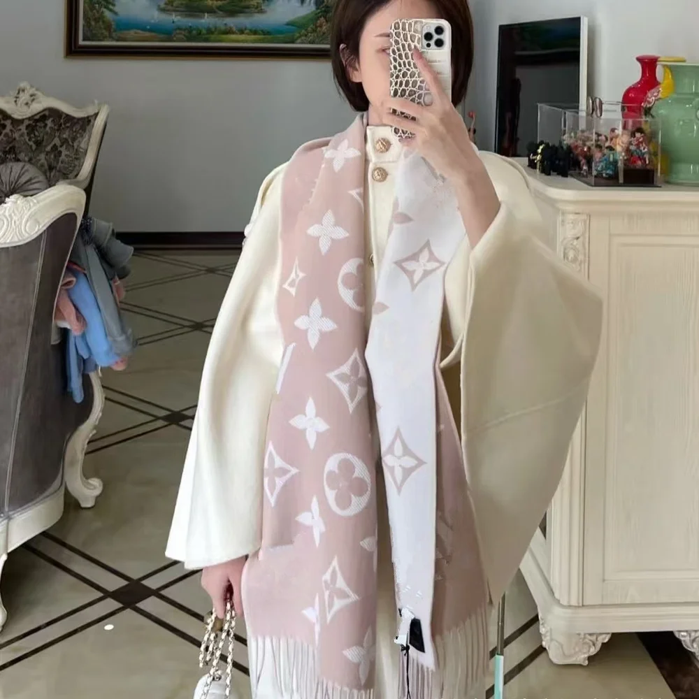 

2025 Autumn And Winter Wool Scarf Women's Tassel Old Flower Shawl Double Sided Cashmere Dried Rose Powder Warm Neck