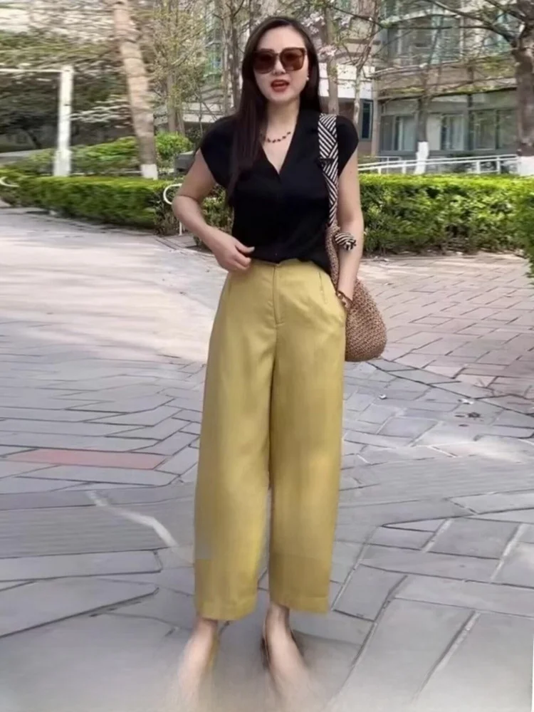 

High Waist Slimming Harlan Casual Pants Women's Nine Points Linen Straight Leg Trousers Commute Style Pure Color Korean Version