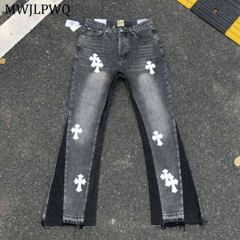 

MWJLPWQ Leather Patch Flared Washed Patchwork Jeans Men's High Street Trendy Rough Edge Niched Design Unique Casual Pants 11049