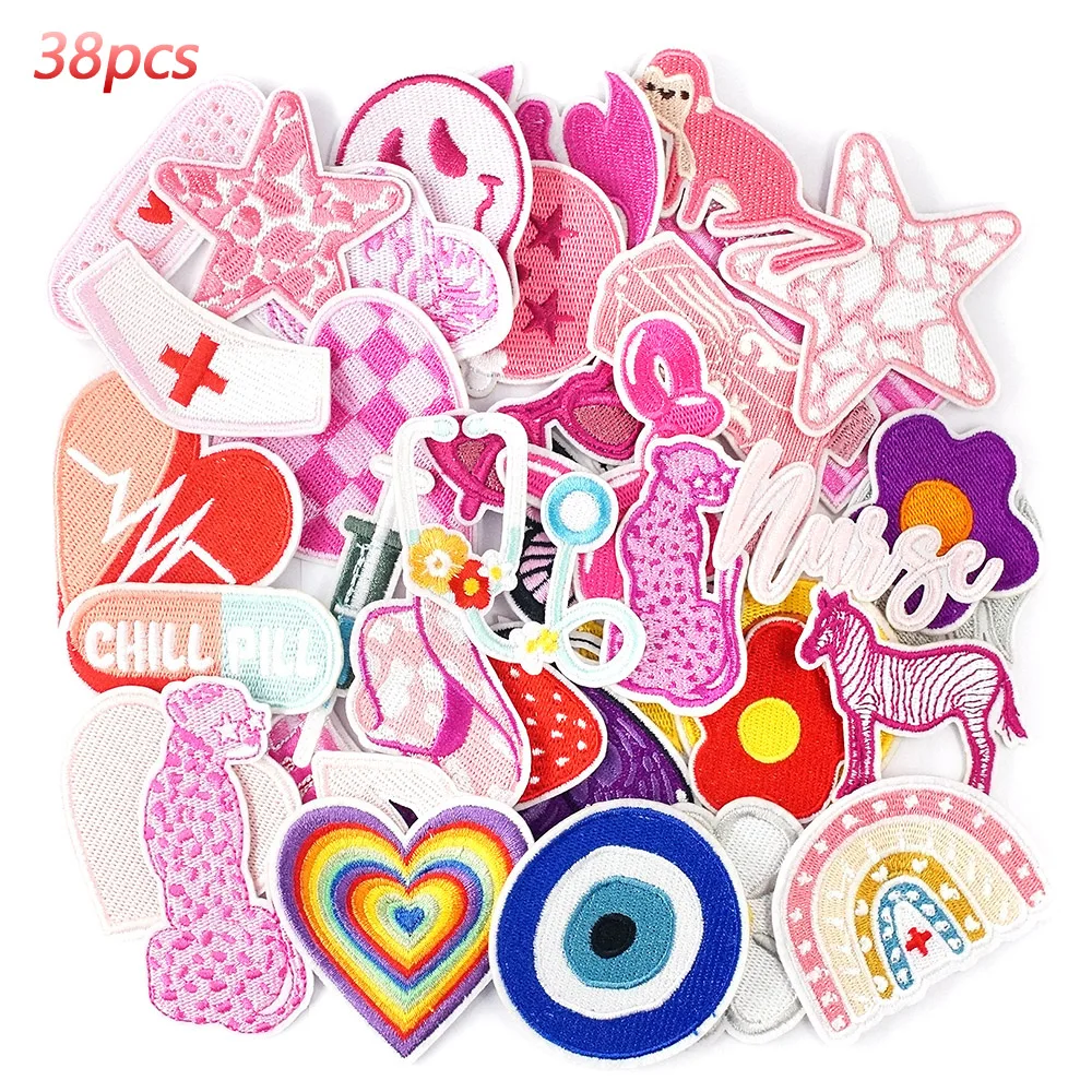 

38Pcs/Lot Pink Nurse Leopard Heart Patches Embroidery Applique Ironing Clothing Sewing Supplies Decorative Badges Patch