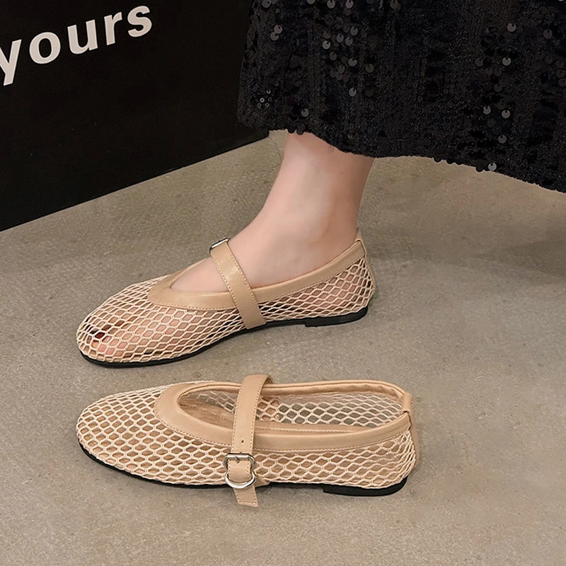 Nude Color Fishnet Ballet Flats Woman Chic Brand Design Hollow Out Lace Mary Jane Shoes Ladies Summer Breathable Mesh Zapatos