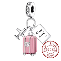 Fit Original Pan 925 Sterling Silver Suitcase Travel Airplane Love Heart Charm Pendant Beads DIY Bracelets for Women Jewelry
