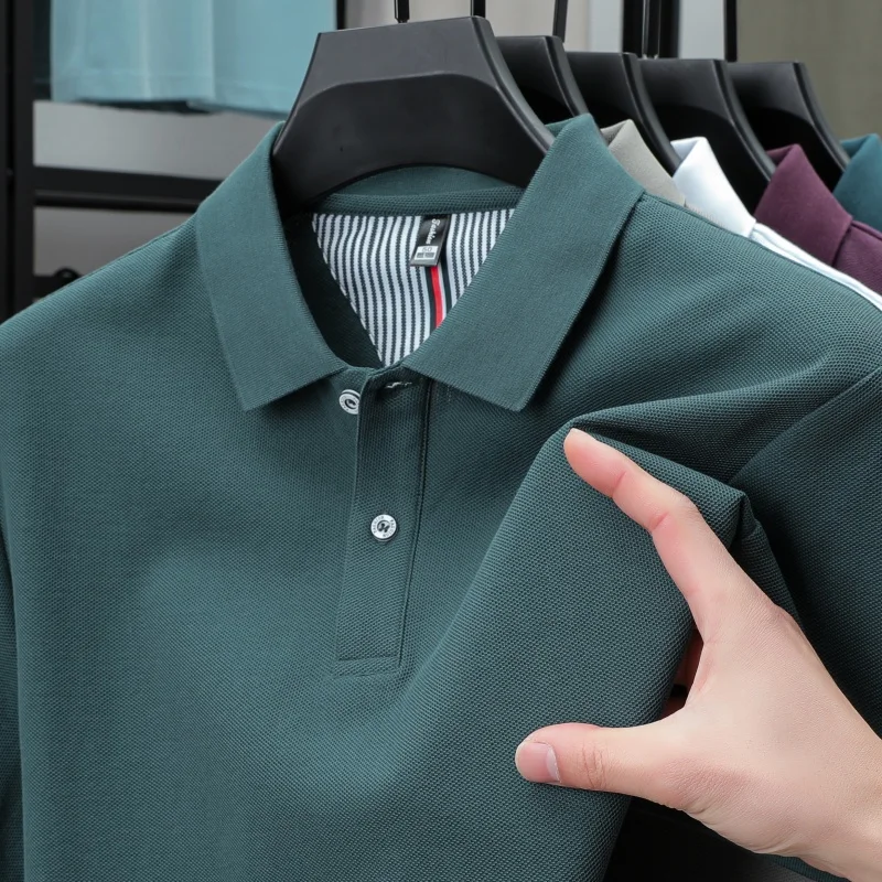 

Hot selling fashionable pure cotton short sleeved men's summer high-end solid color striped business polo shirt boutique top