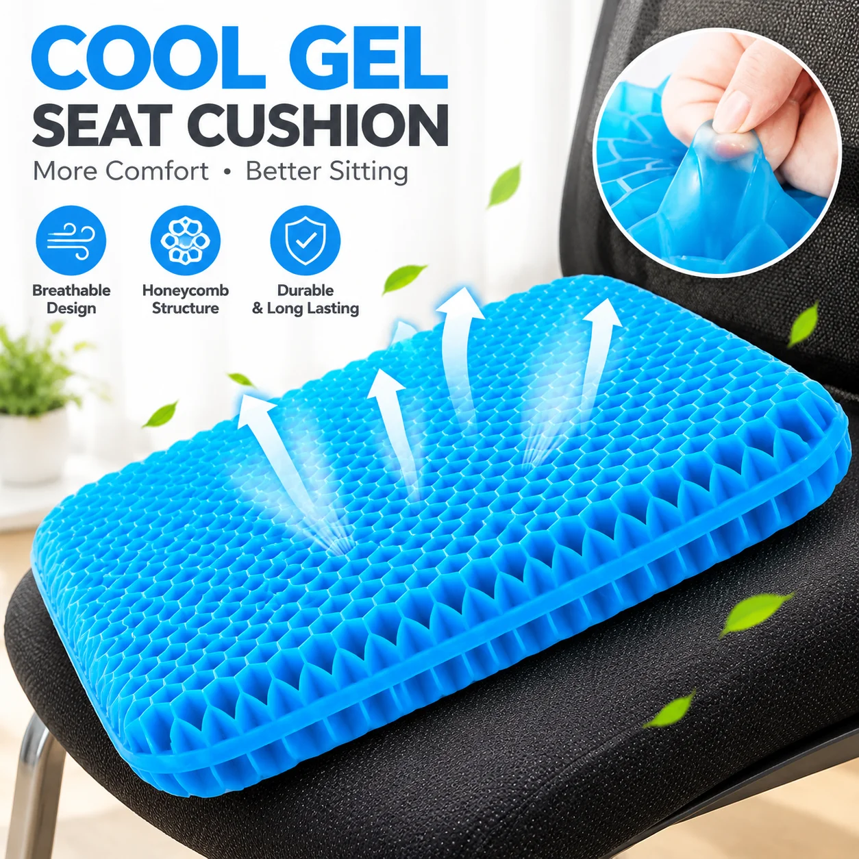 Cool Gel Seat Cushion Honeycomb Breathable Summer Cooling Office Chair Car Pressure Relief Non-Slip Durable Seat Pad for Home