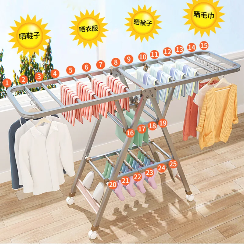 Thickened Stainless Steel Floor Folding Clothes Rack Indoor Balcony Laundry Drying Stand Home Use